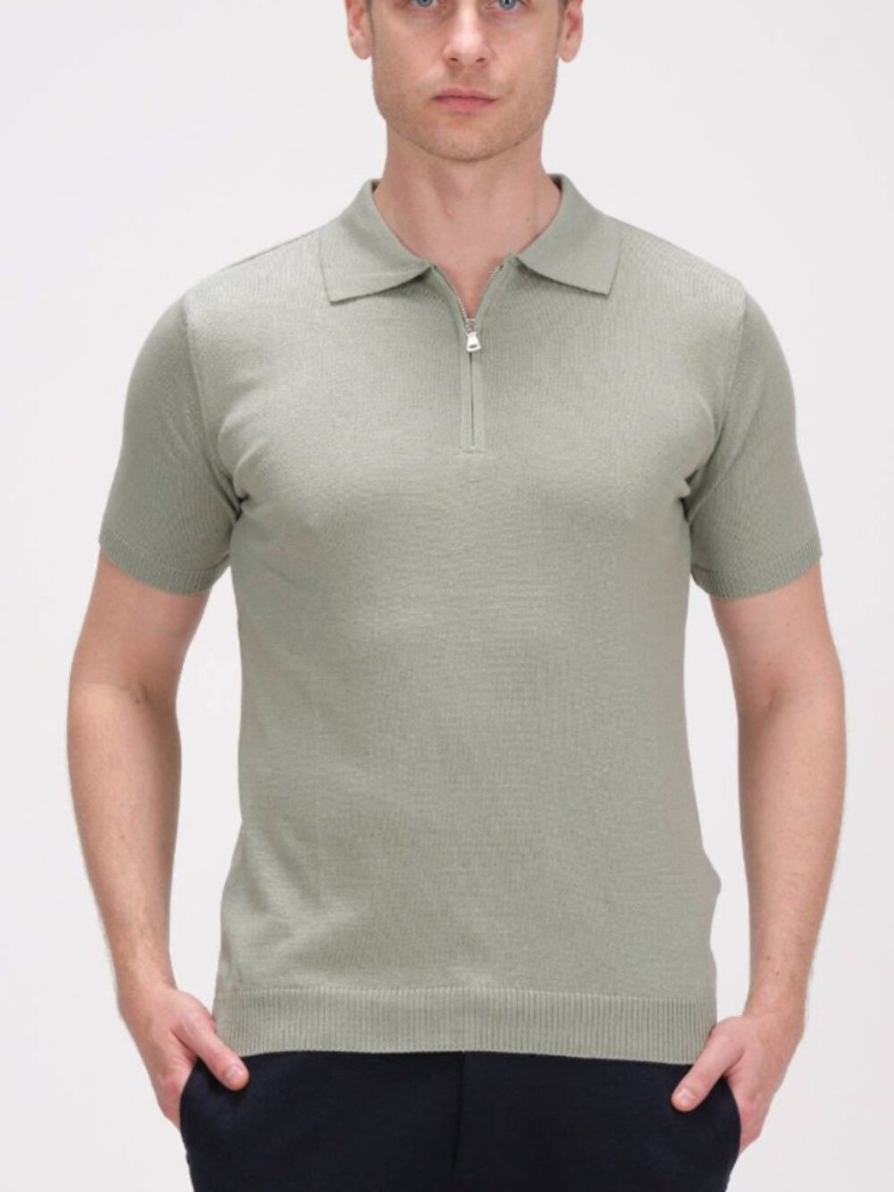 RNT 23 Green Zip Collar Short Sleeve Knit Polo